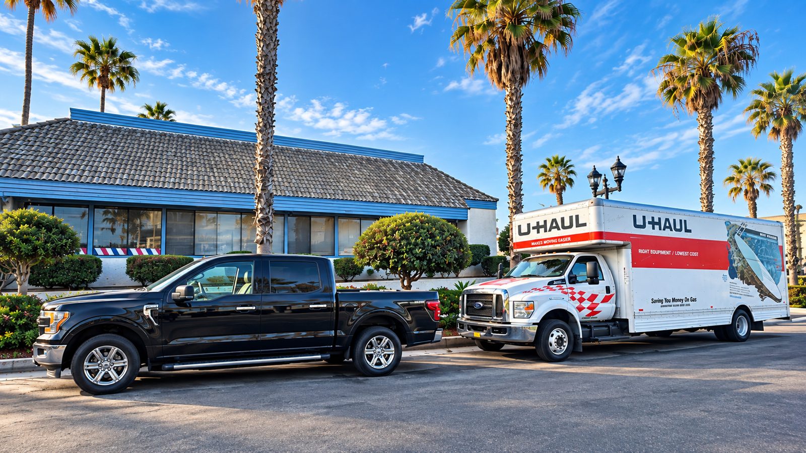 Home Team Moving Co. trucks on a job under Southern California palms