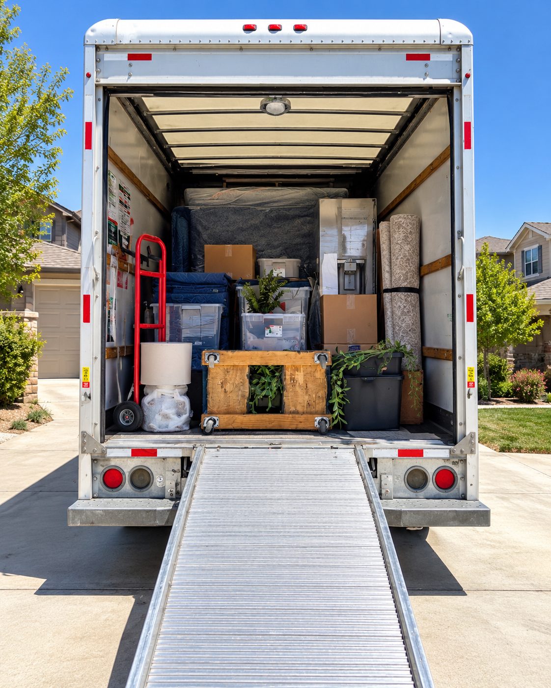 A fully loaded Home Team Moving truck, packed tight and ramp down